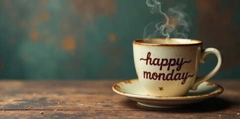 Rustic coffee cup, "Happy Monday" script, vintage texture, drink, fall