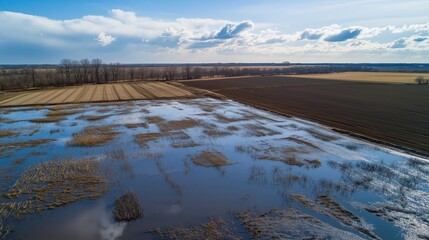 Vacant agricultural land, captured from above, features a network of puddles that create fascinating patterns, showcasing the scale and texture of the open farmland.