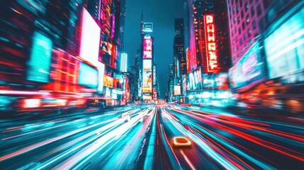 Fototapeta premium Vibrant Night Scene of Neon Lights and Busy Traffic in City