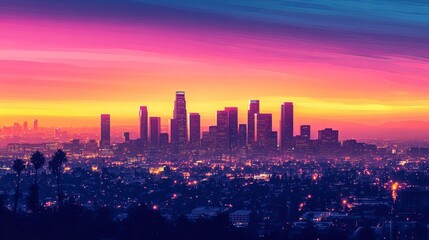 Fototapeta premium Los Angeles Skyline: Vibrant Sunset Hues in a Stylish Cityscape