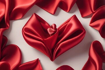 Fototapeta premium Valentine Heart folded Red Silk Fabric, Wedding Love concept