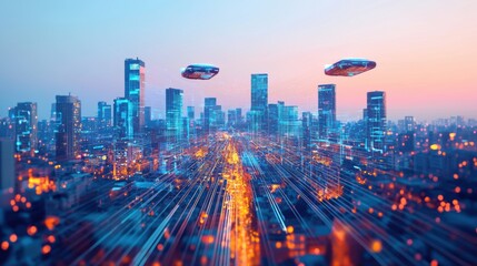 Obraz premium Futuristic Cityscape With Hovering Vehicles Above Urban Skyline