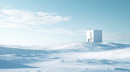Minimalist White Structure in Serene Snowy Landscape Under Blue Sky