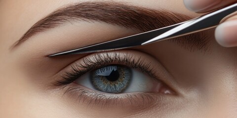 Metal brow scissors in use for precisely cutting eyebrows. These metal brow scissors are essential tools for achieving a perfect eyebrow shape through accurate cutting techniques.