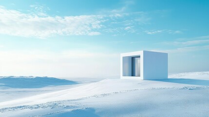 Minimalist White Structure Surrounded by Snowy Landscape and Blue Sky