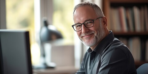 This is a close up portrait of a middle aged man who is a therapist, neuropsychologist, and psychiatrist, smiling as he works on a computer at his desk indoors, highlighting mental health treatment.