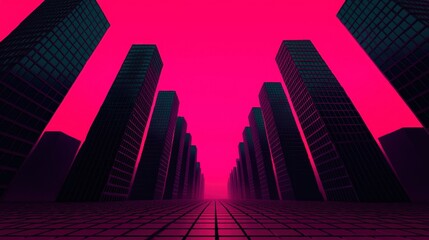 Obraz premium Futuristic Cityscape with Neon Lights and Dark Silhouettes