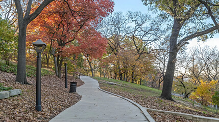 Winding autumn park path, colorful foliage, hill, city background, tranquil walk