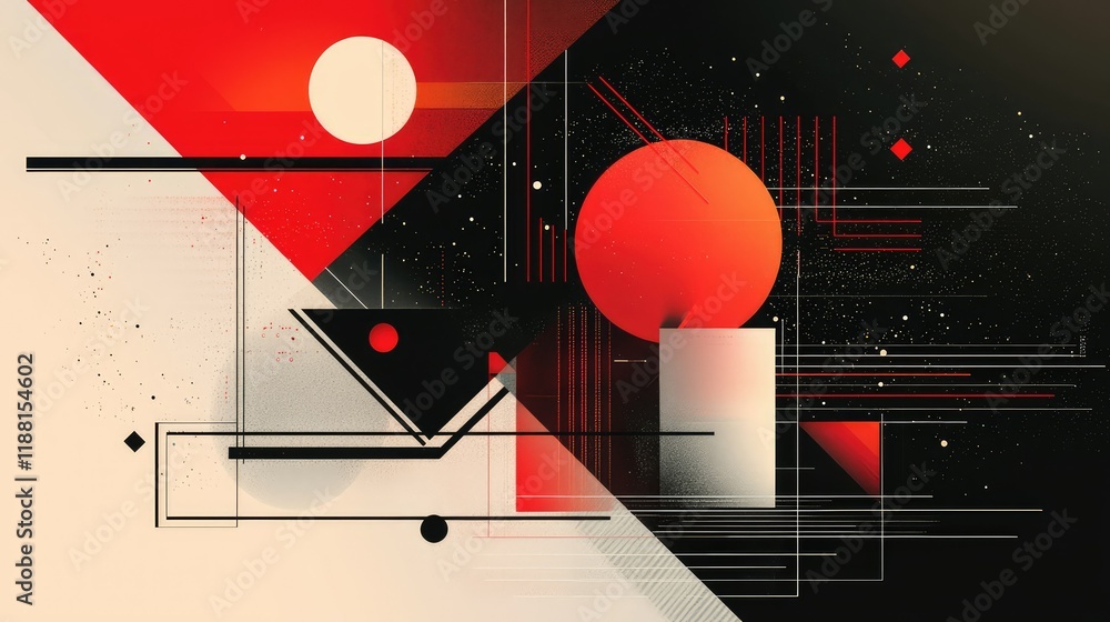 Poster abstract geometric composition with red and black shapes and textures