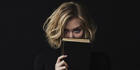 Fashion girl with cute blonde hair conceals her face with a book, striking a pose in a studio setting featuring a dramatic black background, emphasizing her unique fashion style.