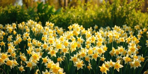 Obraz premium A vibrant field of daffodils basking in the warm glow of the afternoon sun, showcasing the beauty of nature's simple elegance.
