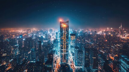 Obraz premium Stunning Night Cityscape with Illuminated Skyscrapers and Skyline