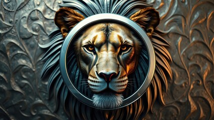 A regal lioness portrait framed in a circular metallic design, a symbol of power and strength