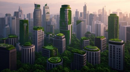 Obraz premium Futuristic Urban Landscape with Green Architecture and Nature