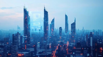 Futuristic Cityscape with Towering Skyscrapers and Neon Glow
