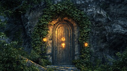 Fototapeta premium Enchanted Doorway Surrounded by Nature and Mystical Glow