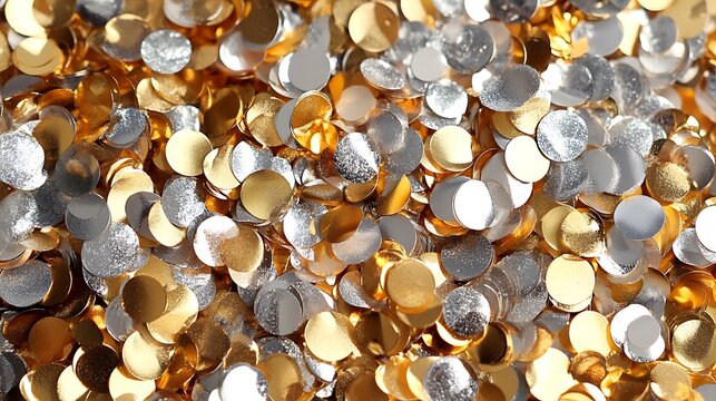 Patterned confetti with shiny gold and silver elements.
