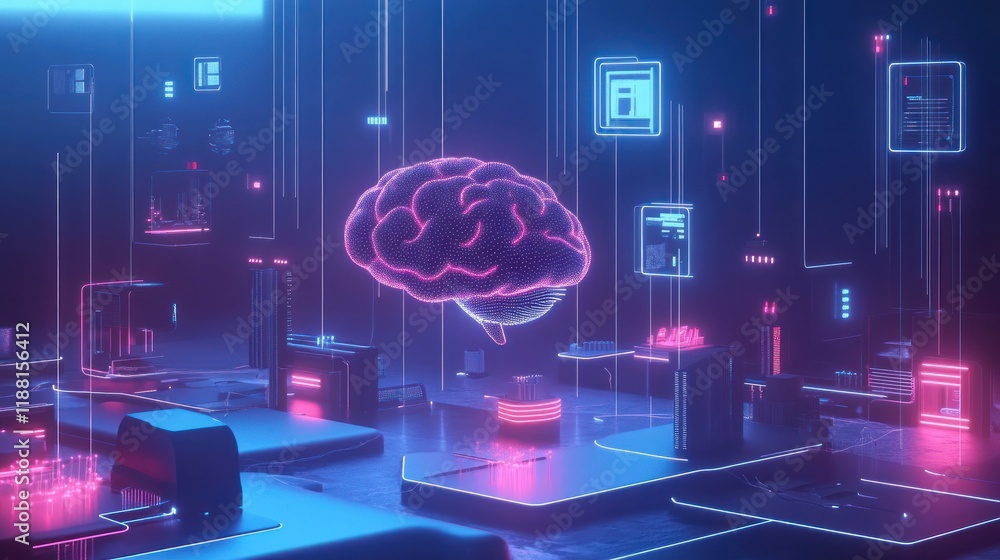 Poster futuristic brain concept with neon data streams.