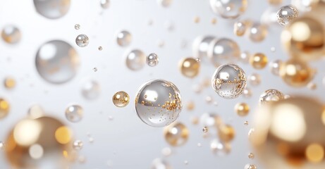 Fototapeta premium Bubbles of gold and silver floating against a bright background create a festive atmosphere and artistic composition