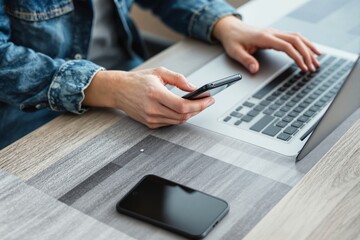 Close-up of a person using a smartphone and laptop on a wooden desk with another phone placed nearby.