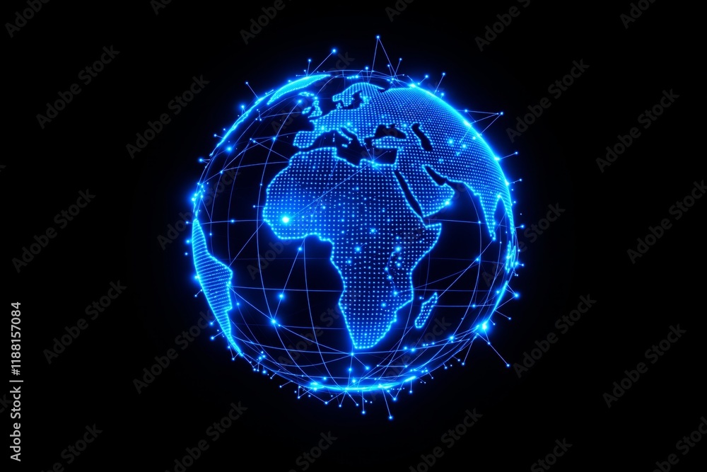 Poster glowing blue digital globe with network connections on a dark background.
