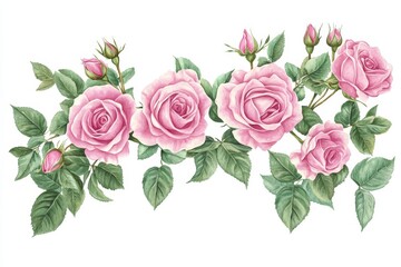 Pink roses floral arrangement, buds, leaves, watercolor style.