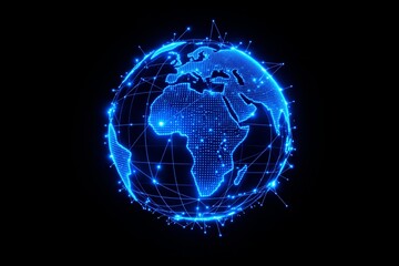 Naklejka premium Glowing blue digital globe with network connections on a dark background.