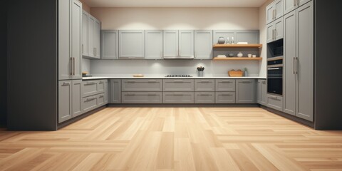 A spacious kitchen with sleek gray cabinets, wood flooring, and open shelving for displaying kitchenware and decor.