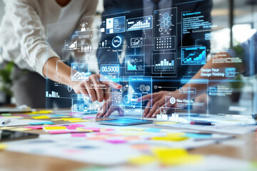 Digital interface showing data visualization and analytics on a collaborative workspace.