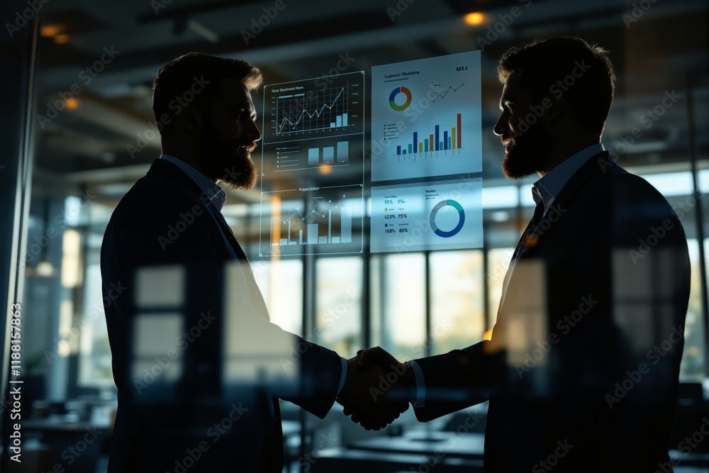 Aufkleber Two professionals shaking hands in front of digital charts and graphs in a modern office background.