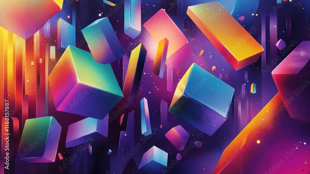 Poster vibrant colorful cubes and shapes floating in dark space.