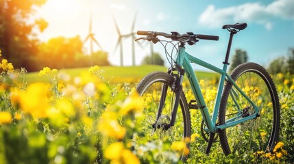 Naklejka premium Teal bicycle in a sunny yellow flower field with wind turbines in the background.