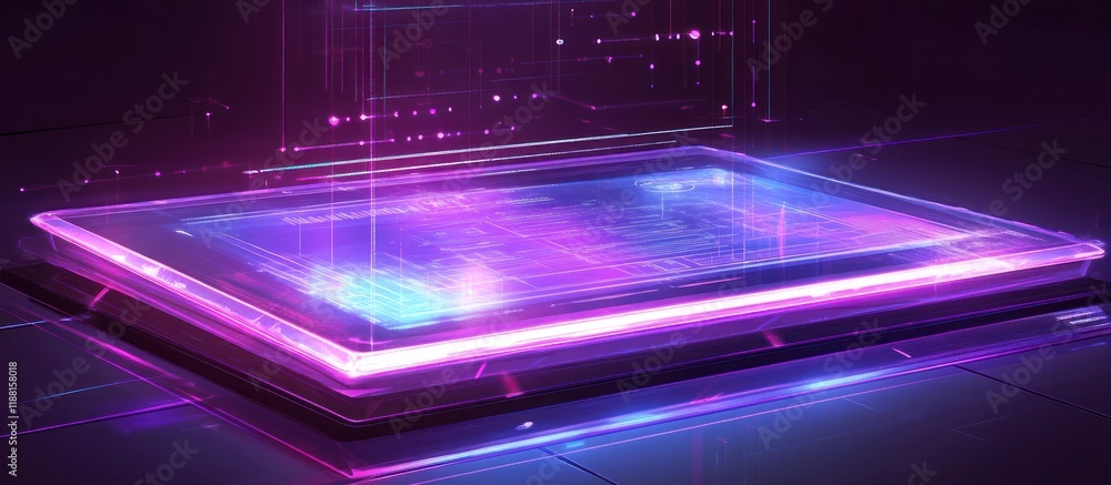 Poster futuristic glowing tablet with data streams.