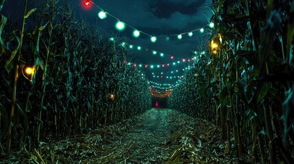 Enchanted Corn Maze at Night with Colorful String Lights