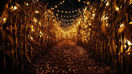 Enchanting Corn Field Pathway Illuminated by Twinkling String Lights