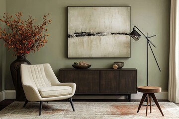 A modern interior design with sage green walls, sleek furniture in neutral tones, and contemporary decor