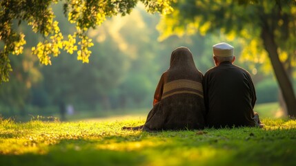 Elderly Couple Sitting Together In Peaceful Park Setting
