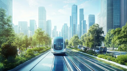 Naklejka premium Sustainable City Train: Solar-Powered Transit in a Green Urban Landscape