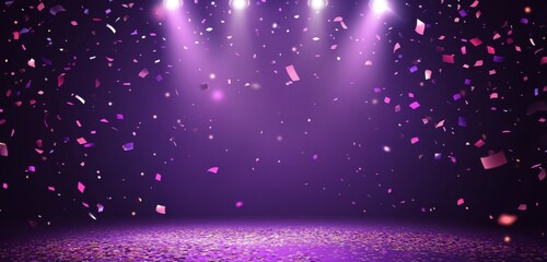 Colorful confetti raining down on a stage illuminated by purple lights during a festive celebration event