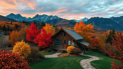 A rustic cabin nestled amidst a vibrant autumnal landscape, showcasing breathtaking mountain views and a stone pathway winding through the foliage.