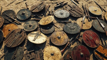 Fototapeta premium Assortment of Vintage Wooden Shields on Sandy Ground in Sunlight