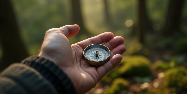 A close up shot of a hand holding a compass in the forest, as the person uses it to find their way