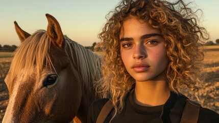 Obraz premium Golden Hour Portrait: A Young Woman and Her Horse