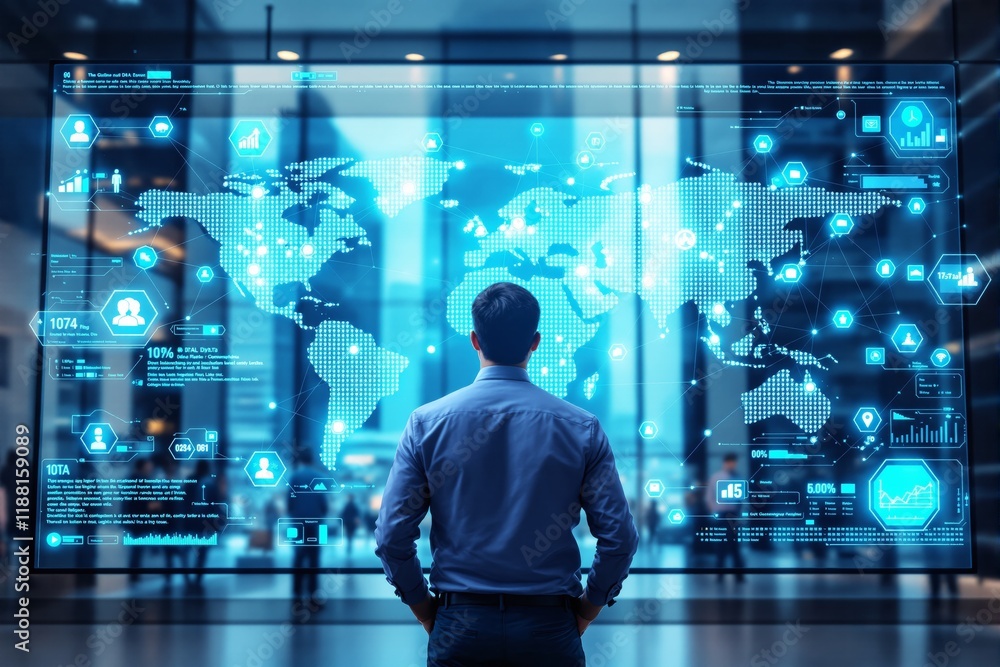 Poster Man analyzing futuristic digital map interface in bright office environment.