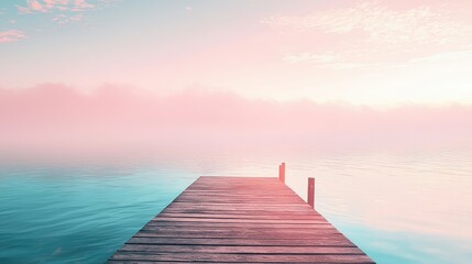 Obraz premium Tranquil Dock Overlooking Misty Water at Sunrise in Soft Pastels