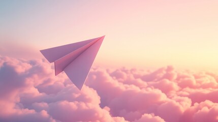 Paper airplane soaring above pink clouds at sunset. (2)