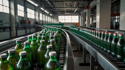 Conveyor belt carrying bottles in a beverage factory interior, beverage, factory, interior, conveyor belt