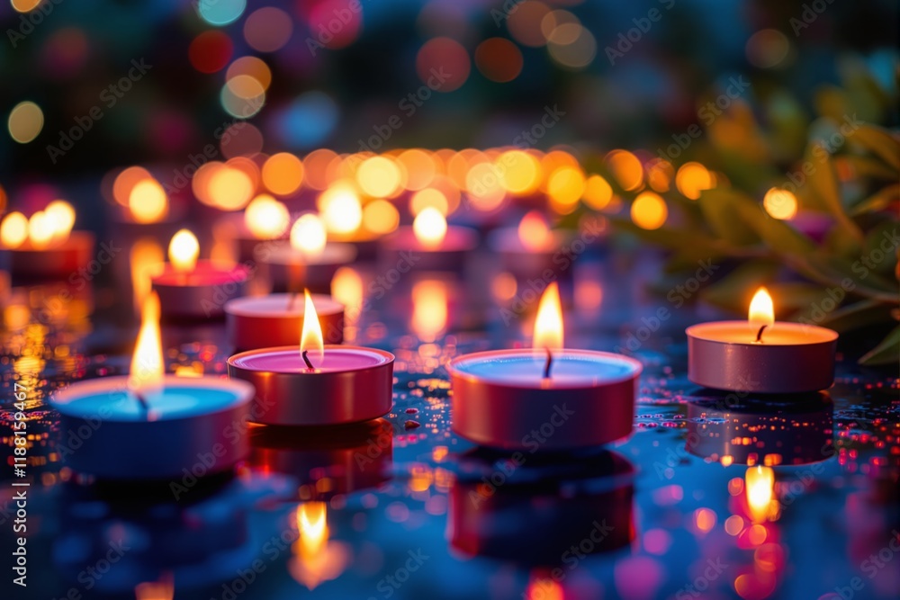 Poster Abstract composition of glowing tealight candles with bokeh lights background.