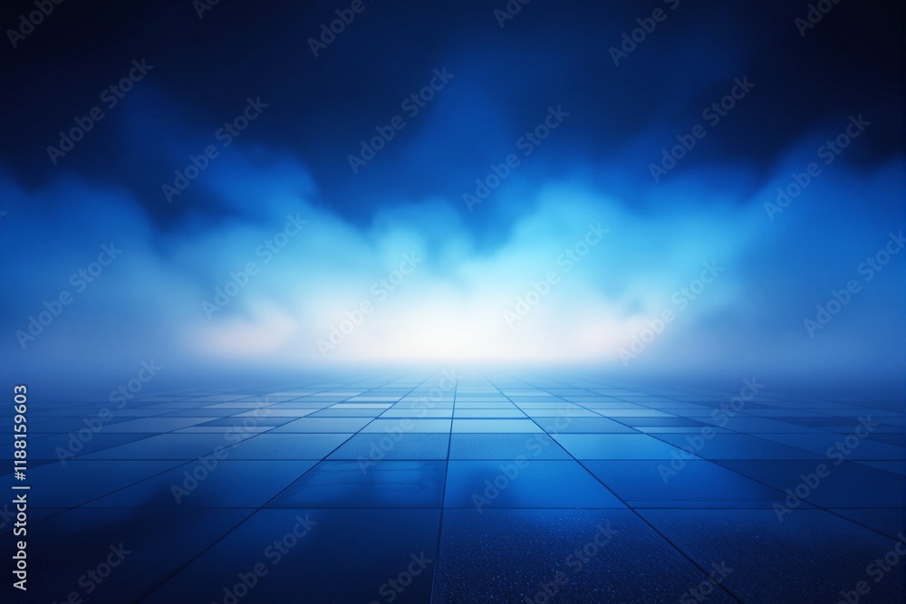 Poster abstract blue foggy background with tiled reflective surface.