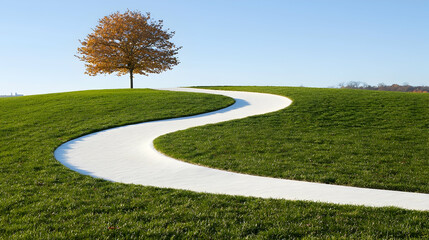 Winding path, autumn tree, grassy hill, clear sky, park landscape,  peaceful scene, nature photography